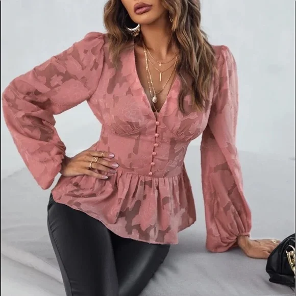 Romantic floral appliqué button detail peplum blouse redwood - Picture 5 of 16